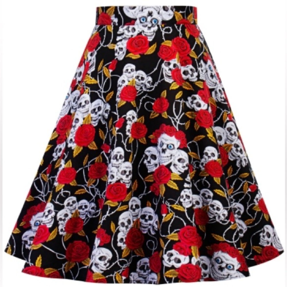 Vintage Style Dressever Black Skull and Floral Pattern Pleated Swing Skirt